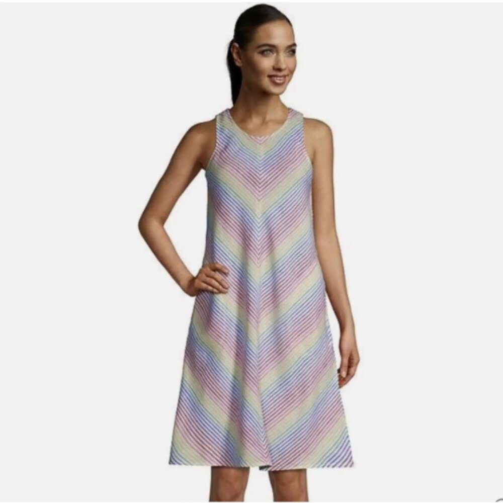 Land's End Womens Rainbow Stripe Shift Dress 100% Linen Sleeveless Sz XS